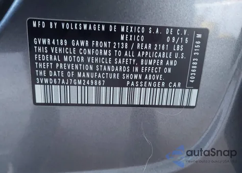 2016 Volkswagen Jetta 1.4T Se из США, поврежденный, VIN 3VWD67AJ7GM249867